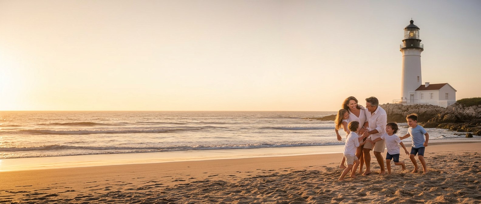 Happy family playing on a sandy beach with a lighthouse in the background